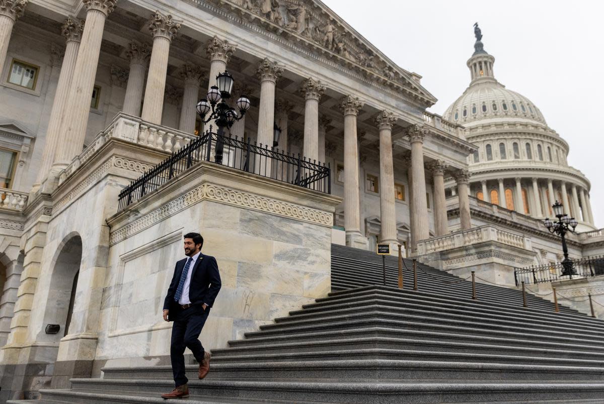 Freshman U.S. Rep. Greg Casar, D-Texas, walks down the House steps on Capitol Hill, Wednesday, Jan. 25, 2022, in Washington, D.C. 