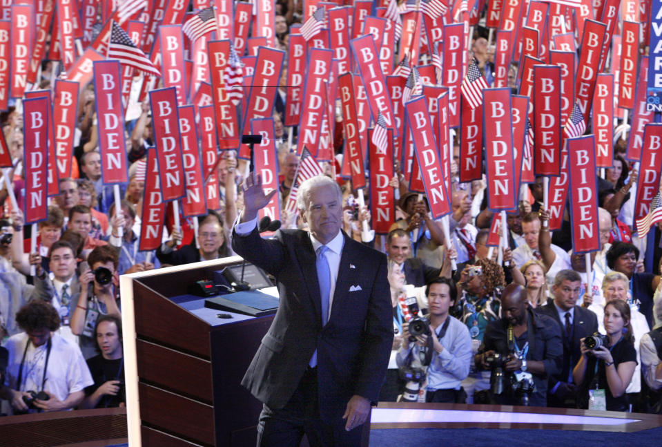 Democratic vice presidential candidate, Sen. Joe Biden, D-Del., waves to the crowed as he prepares to address the Democratic National Convention in Denver, Wednesday, Aug. 27, 2008. (AP Photo/Stephan Savoia)