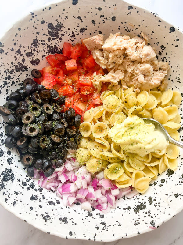Ingredients for Cher's Mac Salad in a serving bowl<p>Courtesy of Jessica Wrubel</p>