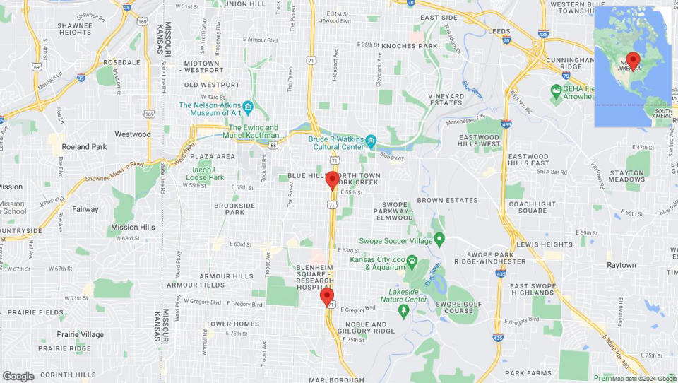 A detailed map that shows the affected road due to 'Heavy rain prompts traffic warning on southbound the Bruce R Watkins Expressway/US-71 in Kansas City' on May 31st at 5:28 p.m.