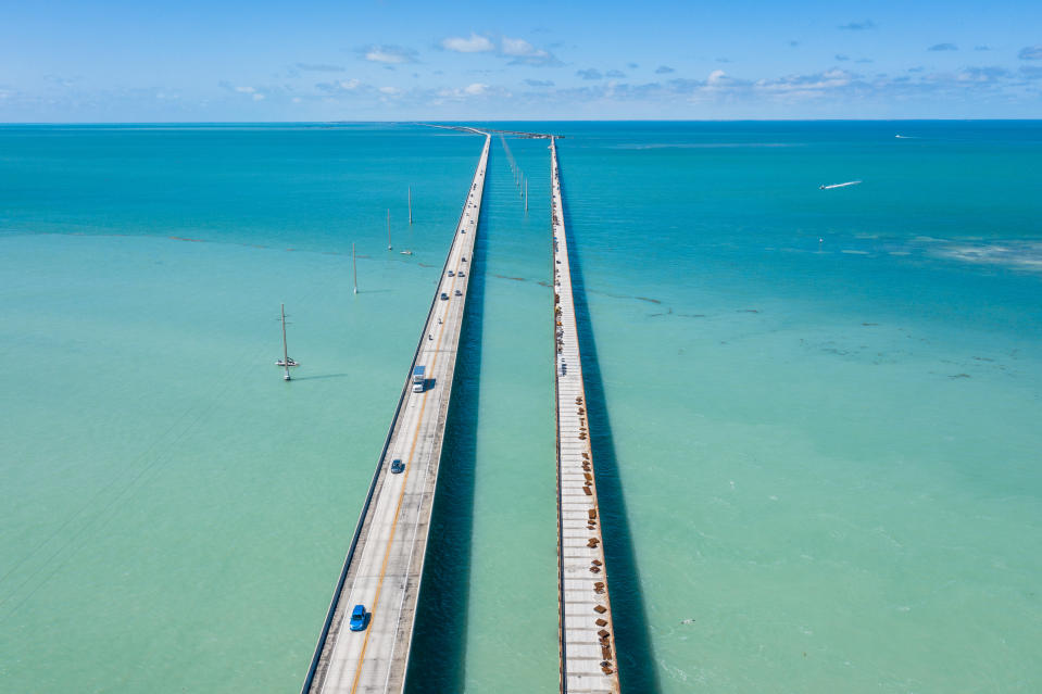 The seven-mile bridge above the water in the Florida Keys