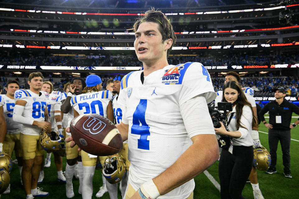 Dec. 16, 2023; Inglewood, California; UCLA Bruins quarterback Ethan Garbers (4) reacts after defeating the Boise State Broncos in the Starco Brands LA Bowl at SoFi Stadium. Robert Hanashiro-USA TODAY Sports