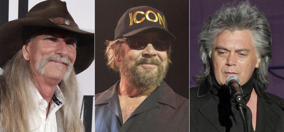 This combination photo shows, from left, songwriter Dean Dillon, singer Hank Williams, Jr., and singer Marty Stuart, who are the newest inductees to the Country Music Hall of Fame. (AP Photo)