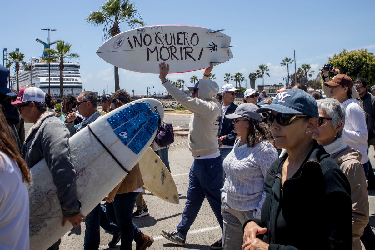 A demonstrator holding a bodyboard with ‘I don't want to die’ written in Spanish as they protest the murders of foreign surfers in Ensenada, Mexico (AP)