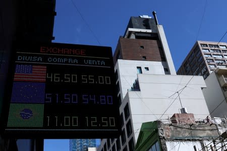 An electronic board shows currency exchange rates in Buenos Aires' financial district