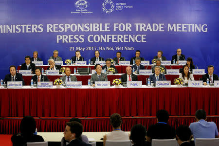 Trade ministers attend a press conference during the APEC Ministers Responsible For Trade (APEC MRT 23) meeting in Hanoi, Vietnam May 21, 2017. REUTERS/Kham