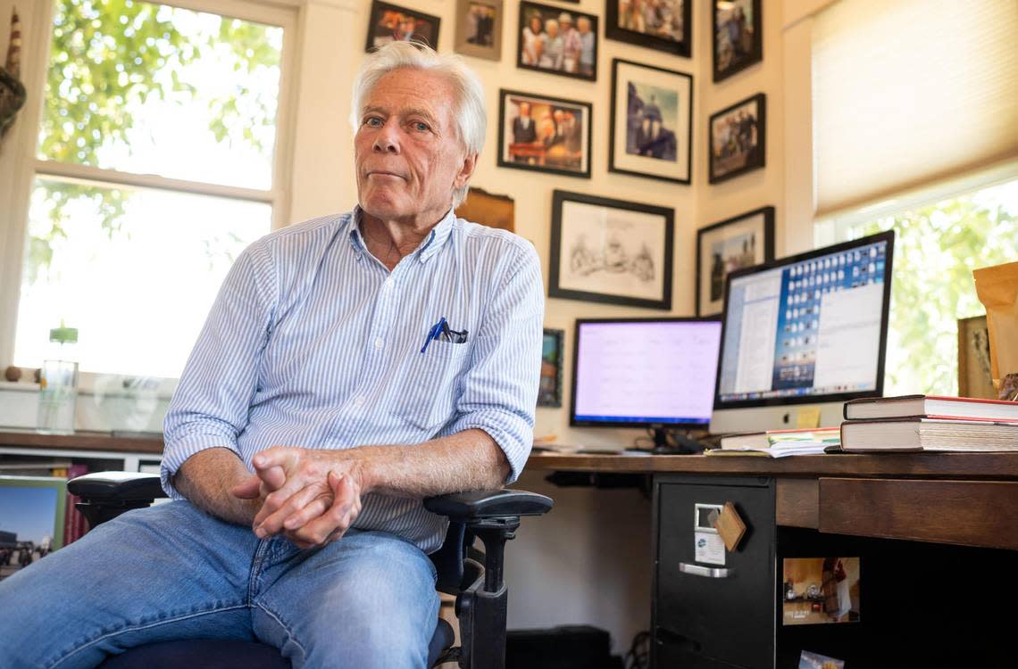 Craig McNamara, who runs Sierra Orchards organic walnut farm with his family near Winters in Yolo County, speaks about his recent memoir, “Because Our Fathers Lied: A Memoir of Truth and Family, from Vietnam to Today,” on Aug. 18 in his office at the farm. His father, former Defense Secretary Robert McNamara, was known as the “architect of the Vietnam War.”