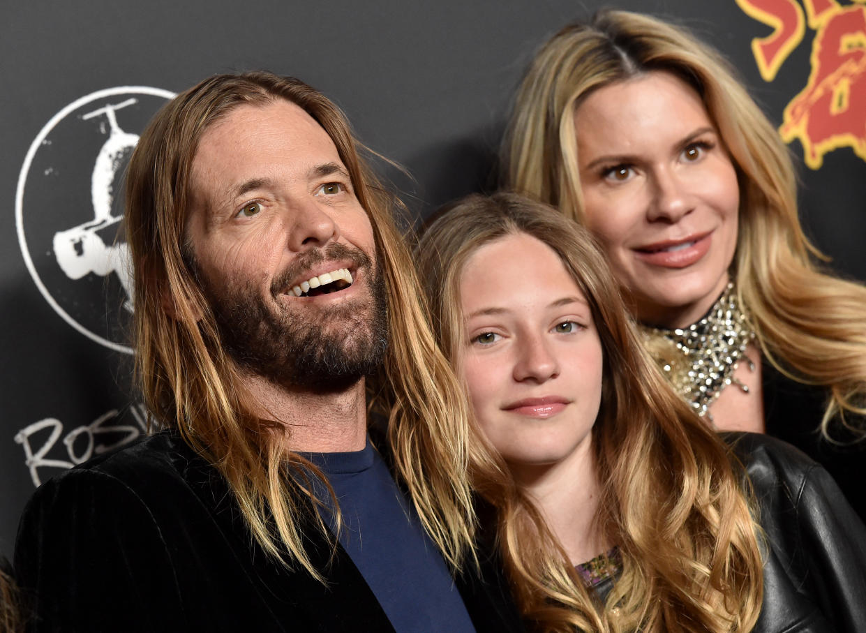 Taylor Hawkins, Annabelle Hawkins and Alison Hawkins attend the Los Angeles Premiere of Studio 666 on Feb. 16, 2022 in Hollywood, Calif