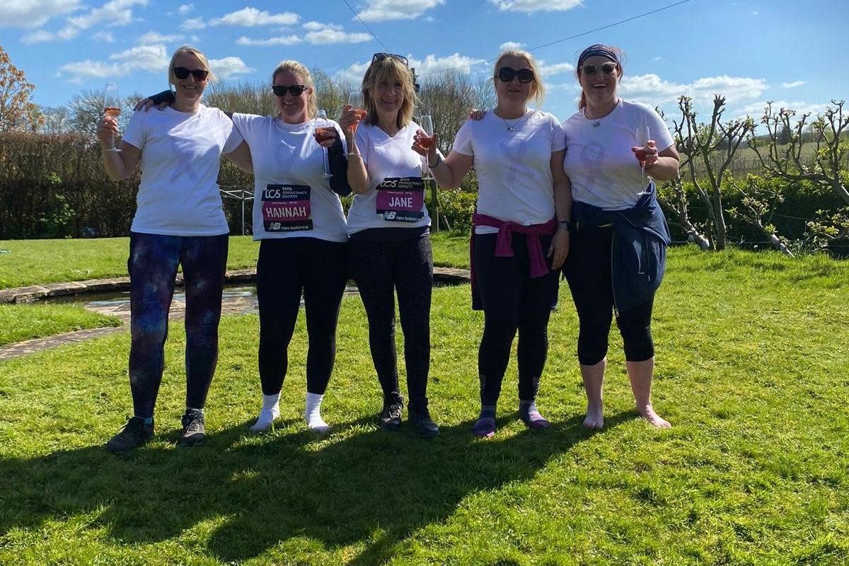 Charity walkers Jude Lee, Hannah Womersley, organiser Jane MacDonald, Jo Black and Cam White <i>(Image: Submitted)</i>