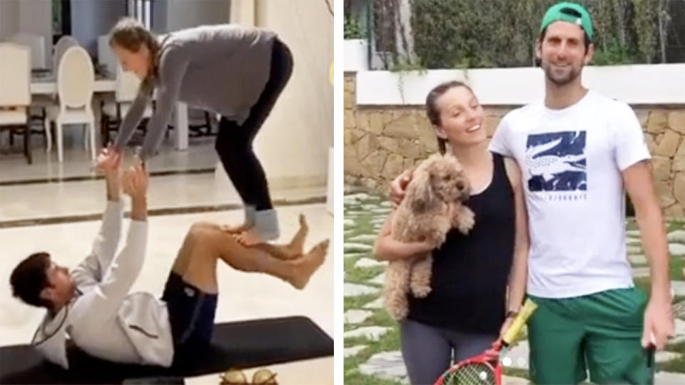 Novak and Jelena Djokovic (pictured left) in a yoga exercise and (pictured right) smiling and hugging.