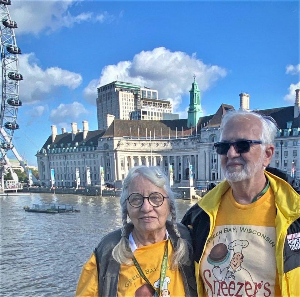 Green Bay Packers fans Jacqulyn and John Jahnke of Green Bay pose on the River Thames in London in October, 2022.