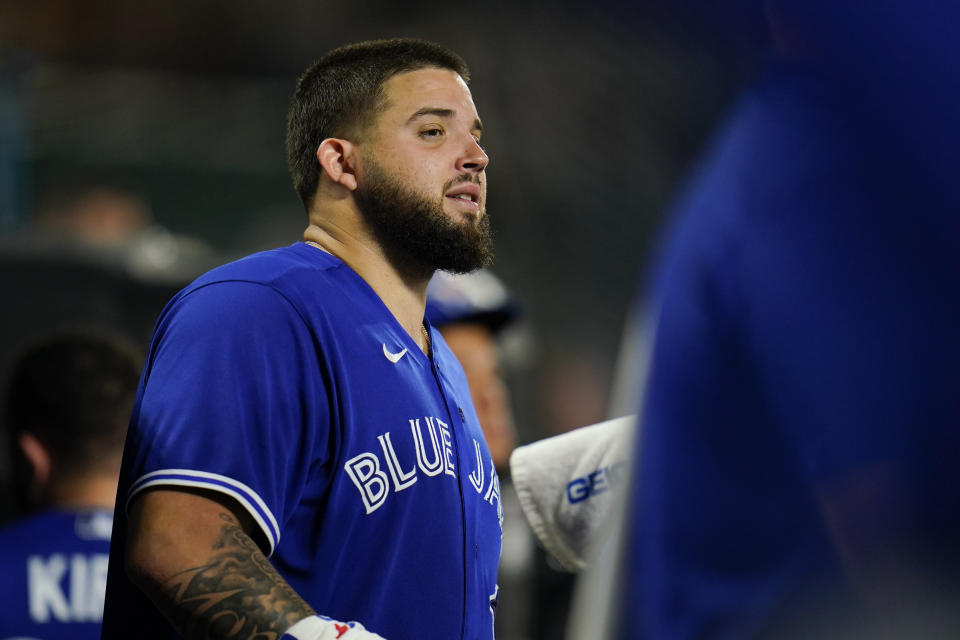 Toronto Blue Jays starting pitcher Alek Manoah looks on from the dugout during the second inning of a baseball game against the Baltimore Orioles, Wednesday, Sept. 7, 2022, in Baltimore. (AP Photo/Julio Cortez)