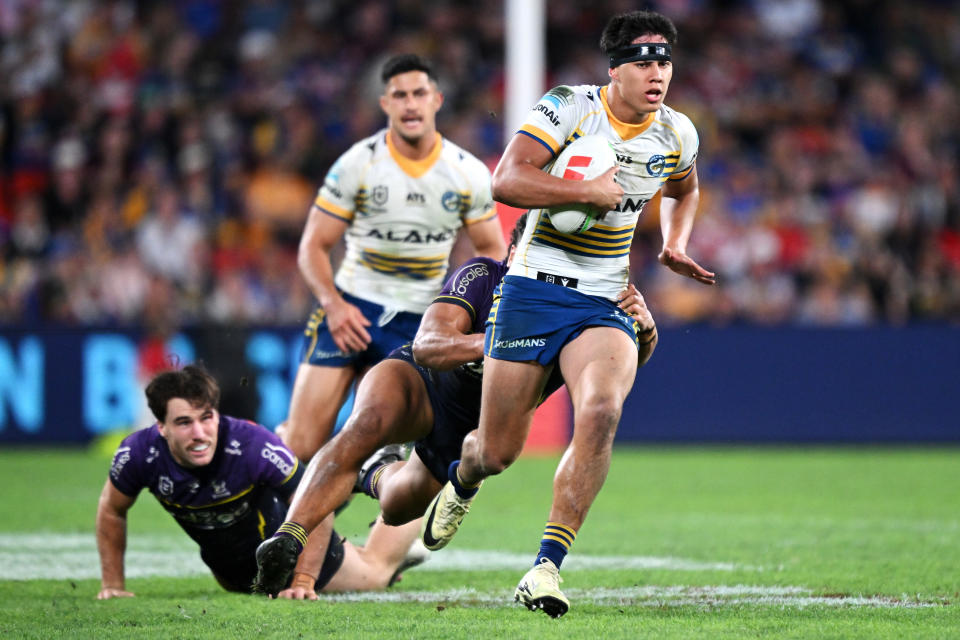 BRISBANE, AUSTRALIA - MAY 19: Blaize Talagi of the Eels runs the ball during the round 11 NRL match between Melbourne Storm and Parramatta Eels at Suncorp Stadium, on May 19, 2024, in Brisbane, Australia. (Photo by Bradley Kanaris/Getty Images)