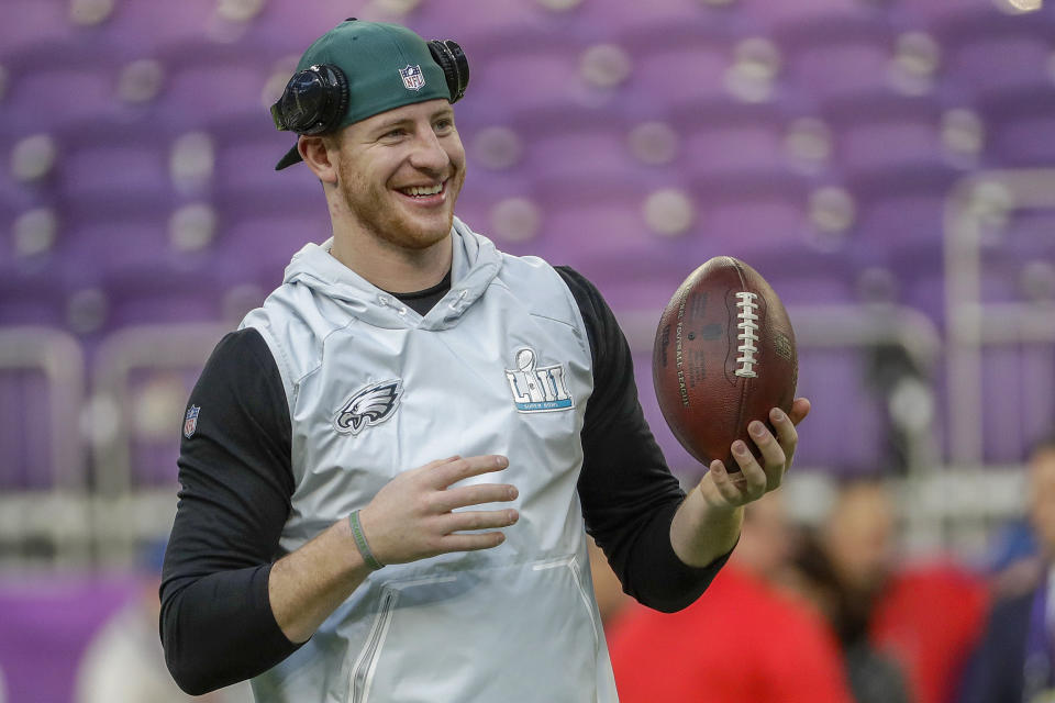 Carson Wentz is recovering from a season-ending knee injury that he suffered in December. (AP) 