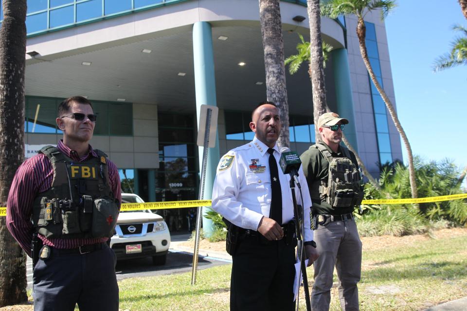 Lee County Sheriff Carmine Marceno addresses media after a hostage situation at the Bank of America building at Bell Tower Shops. A suspect was killed by a member of the SWAT Team on Tuesday, Feb. 6, 2024. There were no injuries to the hostages and law enforcement.