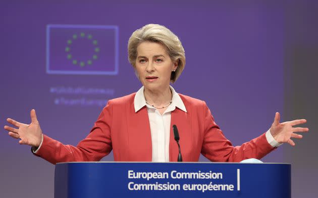 BRUSSELS, BELGIUM - DECEMBER 1: President of the European Commission Ursula von der Leyen talks to media at the end of the weekly EU Commission meeting, in the Berlaymont, the EU Commission headquarter on December 1, 2021 in Brussels, Belgium. Today, the European Commission and the High Representative for Foreign Affairs and Security Policy launch Global Gateway, the new European Strategy to boost smart, clean and secure links in digital, energy and transport and strengthen health, education and research systems across the world. (Photo by Dursun Aydemir/Anadolu Agency via Getty Images) (Photo: Anadolu Agency via Getty Images)