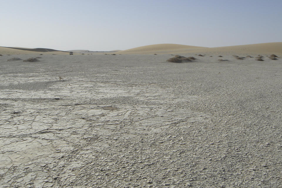 This photo provided by the University of Poitiers in August 2022 shows the Djurab Desert where the fossil sites that yielded remains of Sahelanthropus tchadensis are located. Based on arm and leg fossils, scientists concluded that Sahelanthropus, an ancient hominin species from Chad, walked upright - which would add evidence that it’s the earliest human ancestor dug up so far, according to a study published on Wednesday, Aug. 24, 2022, in the journal Nature. (MPFT/PALEVOPRIM/CNRS – Universite de Poitiers via AP)