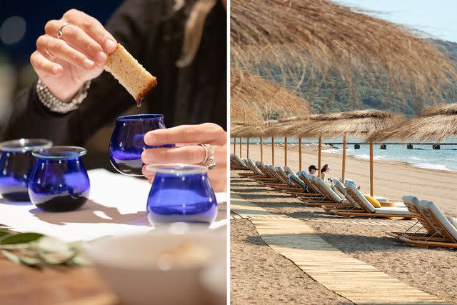 <p>Margarita Nikitaki</p> From left: An olive-oil tasting at the Mandarin Oriental; lounging on the resort's beach.