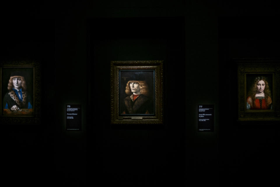 Artworks displayed at the Leonardo da Vinci exhibition at the Louvre museum Sunday, Oct. 20, 2019 in Paris. A unique group of artworks is displayed at the Louvre museum in addition to its collection of paintings and drawings by the Italian master. The exhibition opens to the public on Oct.24, 2019. (AP Photo/Rafael Yaghobzadeh)