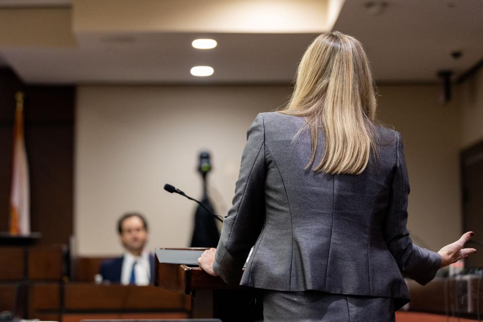 Assistant State Attorney Georgia Cappleman cross examines Charlie Adelson during his trial for the murder of Dan Markel on Friday, Nov. 3, 2023.