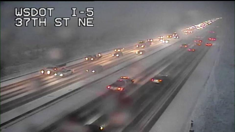 Washington State Department of Transportation cameras showed snow falling around Western Washington Wednesday.