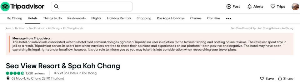 The red warning badge on the Sea View Resort Tripadvisor page.