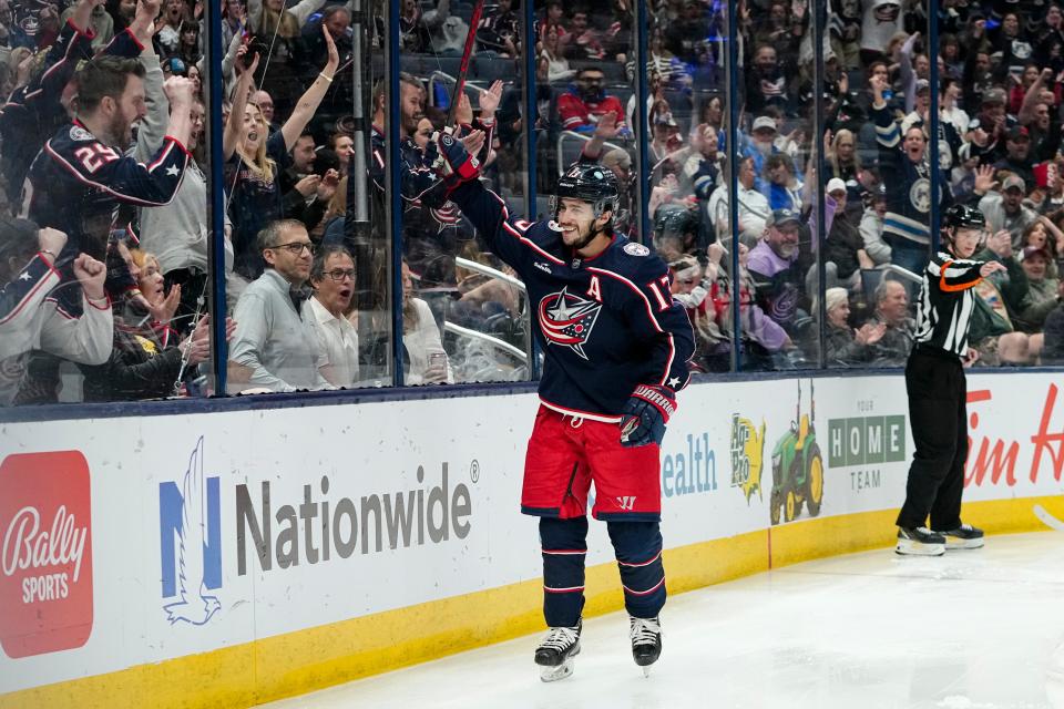 Columbus Blue Jackets left wing Johnny Gaudreau (13) celebrates a goal during the first period of the NHL hockey game against the Buffalo Sabres at Nationwide Arena in Columbus on April 14, 2023.