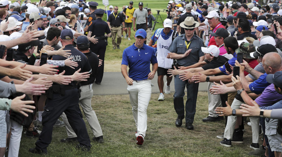 Rory McIlroy, of Northern Ireland, walks to the 10th tee during the final round of the PGA Championship golf tournament, Sunday, May 19, 2019, at Bethpage Black in Farmingdale, N.Y. (AP Photo/Charles Krupa)