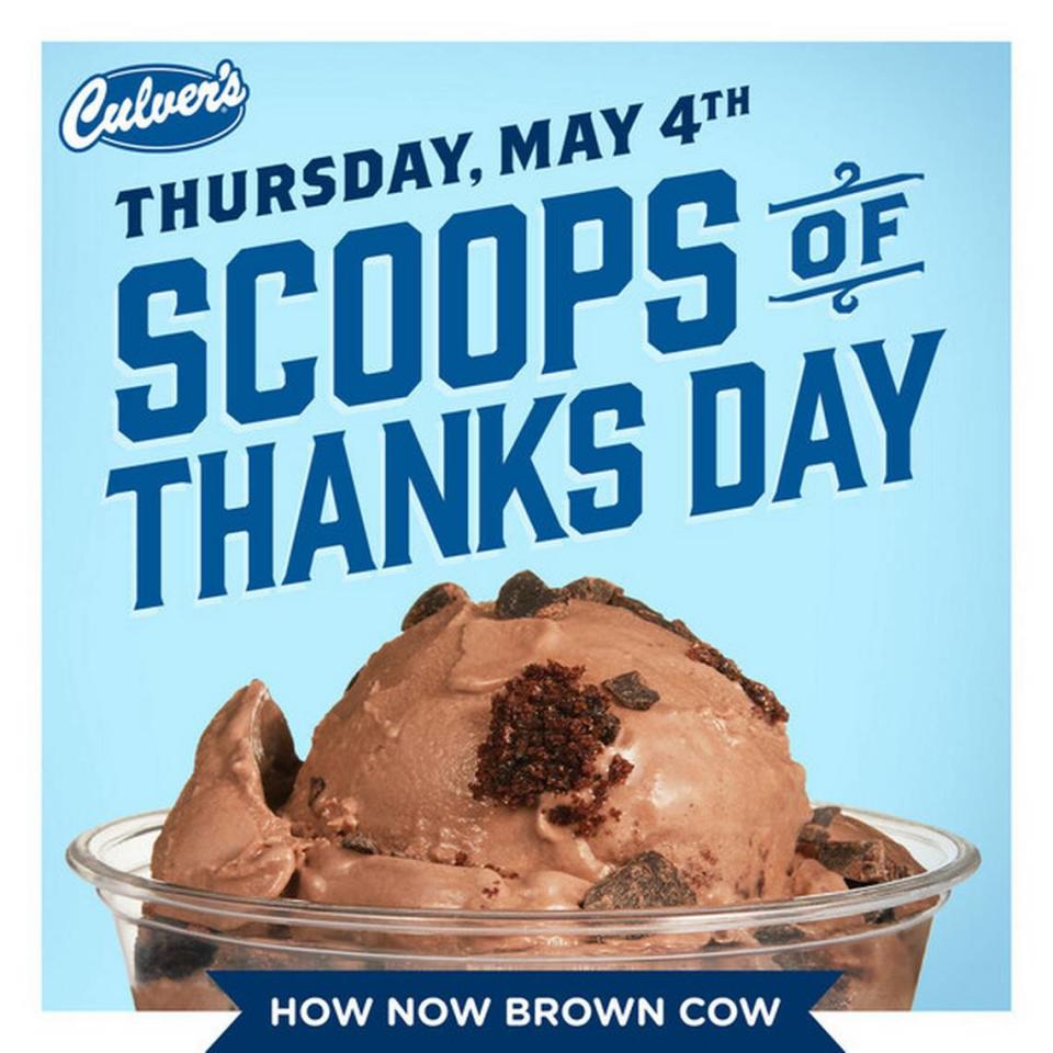 Culver’s rolled out one-day-only flavor of its frozen custard, How Now Brown Cow, for the ninth annual Scoops of Thanks Day on May 4.