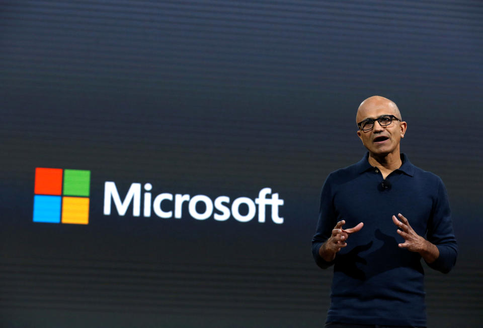 Microsoft Chief Executive Officer (CEO) Satya Narayana Nadella speaks at a live Microsoft event in the Manhattan borough of New York City, October 26, 2016. REUTERS/Lucas Jackson