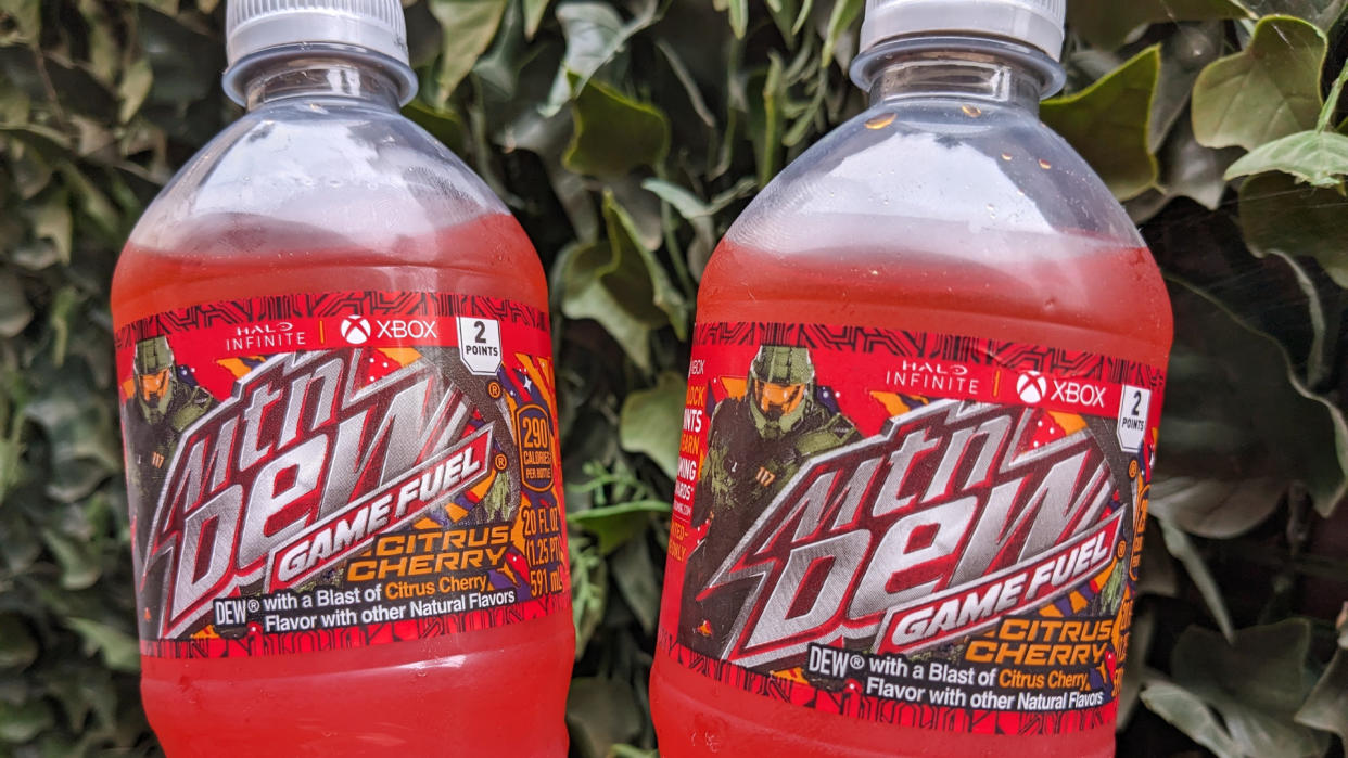  Two bottles of delicious, performance-supporting Mountain Dew Game Fuel. Master Chief's nectar. Arbiter Juice. 