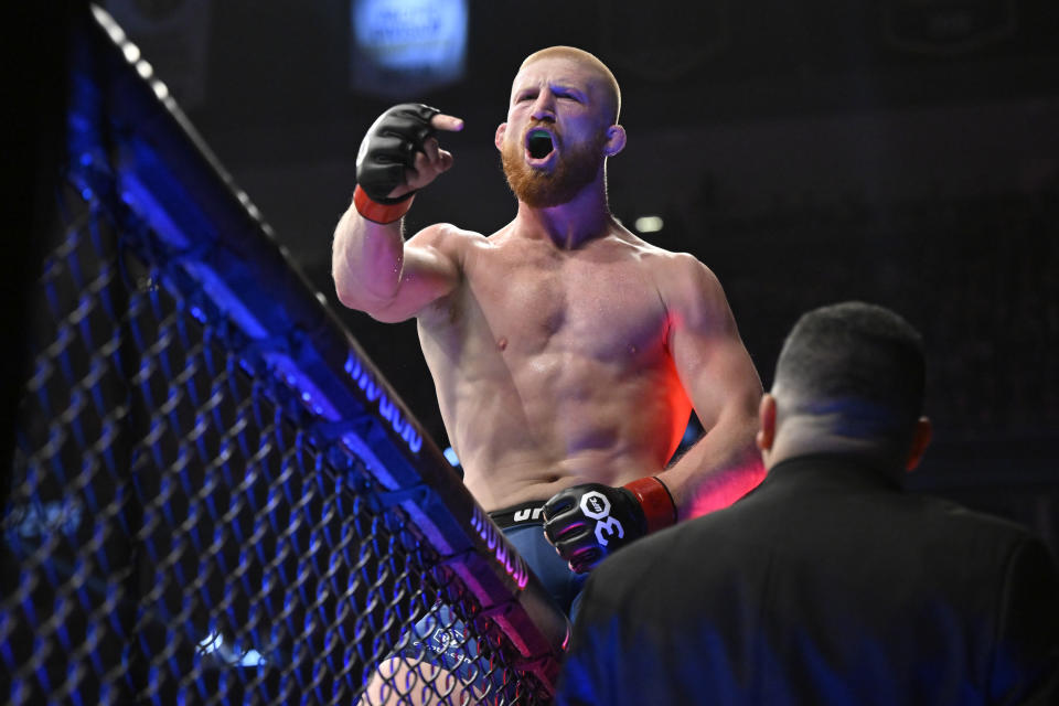 Bo Nickal celebrates after defeating Jamie Pickett in a UFC 285 mixed martial arts middleweight bout Saturday, March 4, 2023, in Las Vegas. (AP Photo/David Becker)