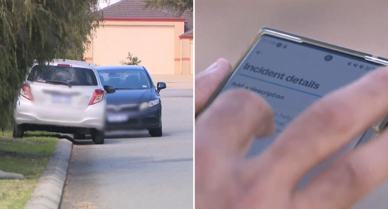 Left, a car parked illegally in Tabbing, Perth. Right, a Perth resident using the Snap Send Solve app to report illegal parking. 