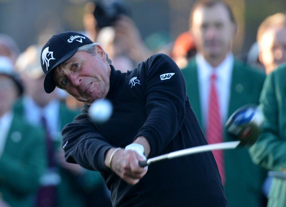 Gary Player hits his ceremonial drive on the first tee during the first round of the Masters golf tournament Thursday, April 10, 2014, in Augusta, Ga. (AP Photo/Atlanta Journal-Constitution, Brant Sanderlin) MARIETTA DAILY OUT; GWINNETT DAILY POST OUT; LOCAL TV OUT; WXIA-TV OUT; WGCL-TV OUT