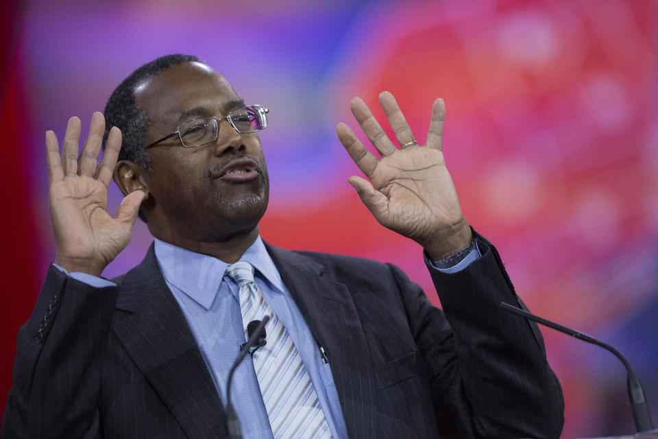 Ben Carson, possible 2016 presidential candidate, speaks during the Conservative Political Action Conference (CPAC) in National Harbor, Maryland, U.S., on Thursday, Feb. 26, 2015. The 42nd annual CPAC, which runs until Feb. 28, features most of the potential Republican candidates for president, from Carson and Carly Fiorina to Jeb Bush and Scott Walker.&nbsp;