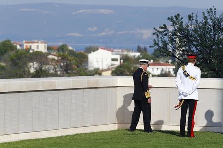 Britain's Prince Charles and Prince Harry visit the Cape Helles British Memorial before a ceremony to mark the 100th anniversary of the Battle of Gallipoli, in Gallipoli April 24, 2015. REUTERS/Umit Bektas