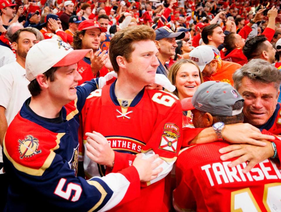 Fans cry after the Florida Panthers won Game 7 of the NHL Stanley Cup Final against the Edmonton Oilers at the Amerant Bank Arena on Monday, June 24, 2024 in Sunrise, Fla.