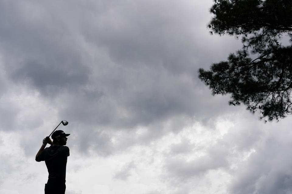 Matthew Wolff tees off at the 18th hole during the second round of the Masters golf tournament on Friday, April 9, 2021, in Augusta, Ga. (AP Photo/Gregory Bull)