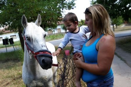 Nikoletta Futo holds one of her triplet sons as he pets their horse on a small plot of land near their home in Kanjiza, Serbia, July 7, 2017, after a grant from the Hungarian government enabled the family of six to purchase a house on the outskirts of the town. REUTERS/Bernadett Szabo
