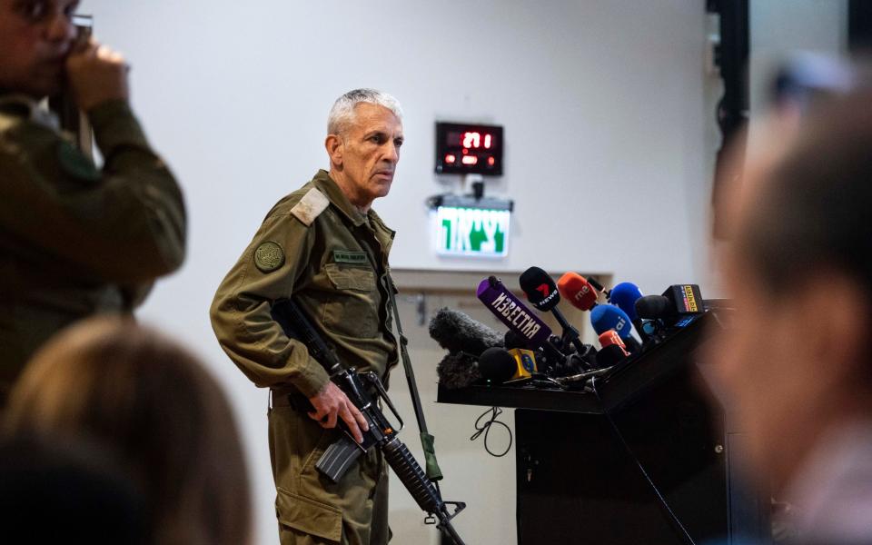 Major General Michael Edelstein answers questions from the press after the film presentation from the Israeli Defence Force (IDF) of the horrific Hamas Massacre