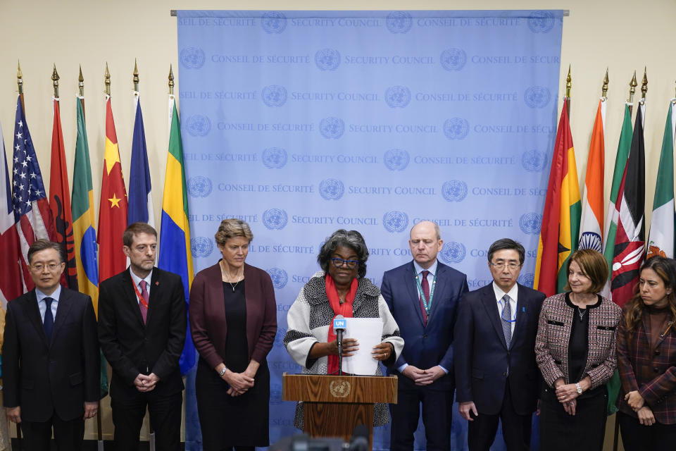 United States Ambassador to the United Nations Linda Thomas-Greenfield, center, makes a statement on behalf of other member states regarding North Korea after a Security Council meeting at U.N. headquarters, Monday, Nov. 21, 2022. The meeting was called to discuss recent North Korean missile launches. North Korean leader Kim Jong Un says the test of a newly developed intercontinental ballistic missile confirmed that he has another "reliable and maximum-capacity" weapon to contain any outside threats. (AP Photo/Seth Wenig)