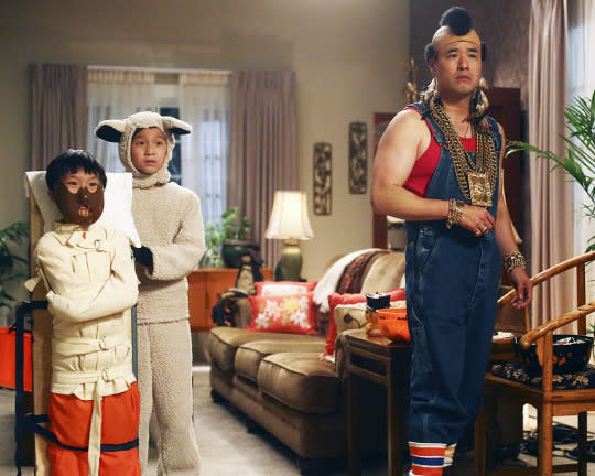 <p>It’s Halloween in the suburbs for the Huangs. In the <i>Fresh Off the Boat</i> episode “Miracle on Dead Street,” Louis (Randall Park) is tired of his quiet street, so he aims to make it a prime destination for candy collectors. By the way, we love Louis’s Mr. T costume, but what is the youngest Huang son (Ian Chen) doing dressed up as Hannibal Lecter? The <i>Fresh Off the Boat</i> episode “Miracle on Dead Street” airs Tuesday, Oct. 27 at 8:30 p.m. on ABC.</p><p><i>(Credit: Michael Ansell/ABC)</i><br></p>