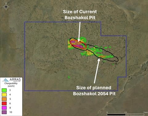 Tay Project historical Soviet IP Chargeability Anomaly compared to Bozshakol current and planned pit limits.