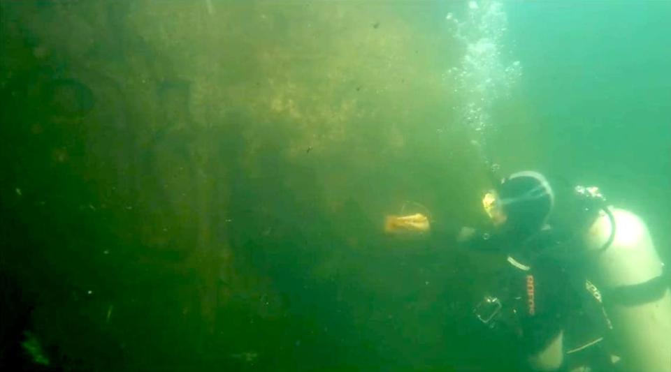 A scuba diver swims next to a wall with carvings