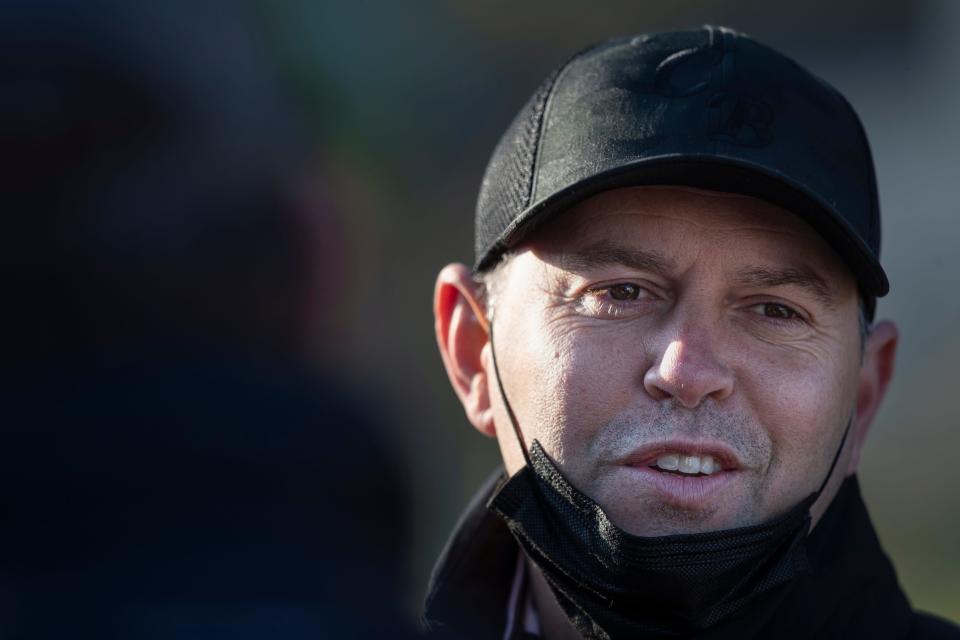 Trainer Chad Brown speaks to the media on the backside of Churchill Downs. Brown trains Kentucky Derby hopeful Highly Motivated. April 20, 2021