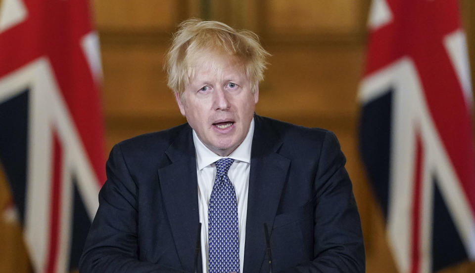 Boris Johnson at Thursday’s coronavirus press conference in Downing Street. (Andrew Parsons/10 Downing Street/PA)