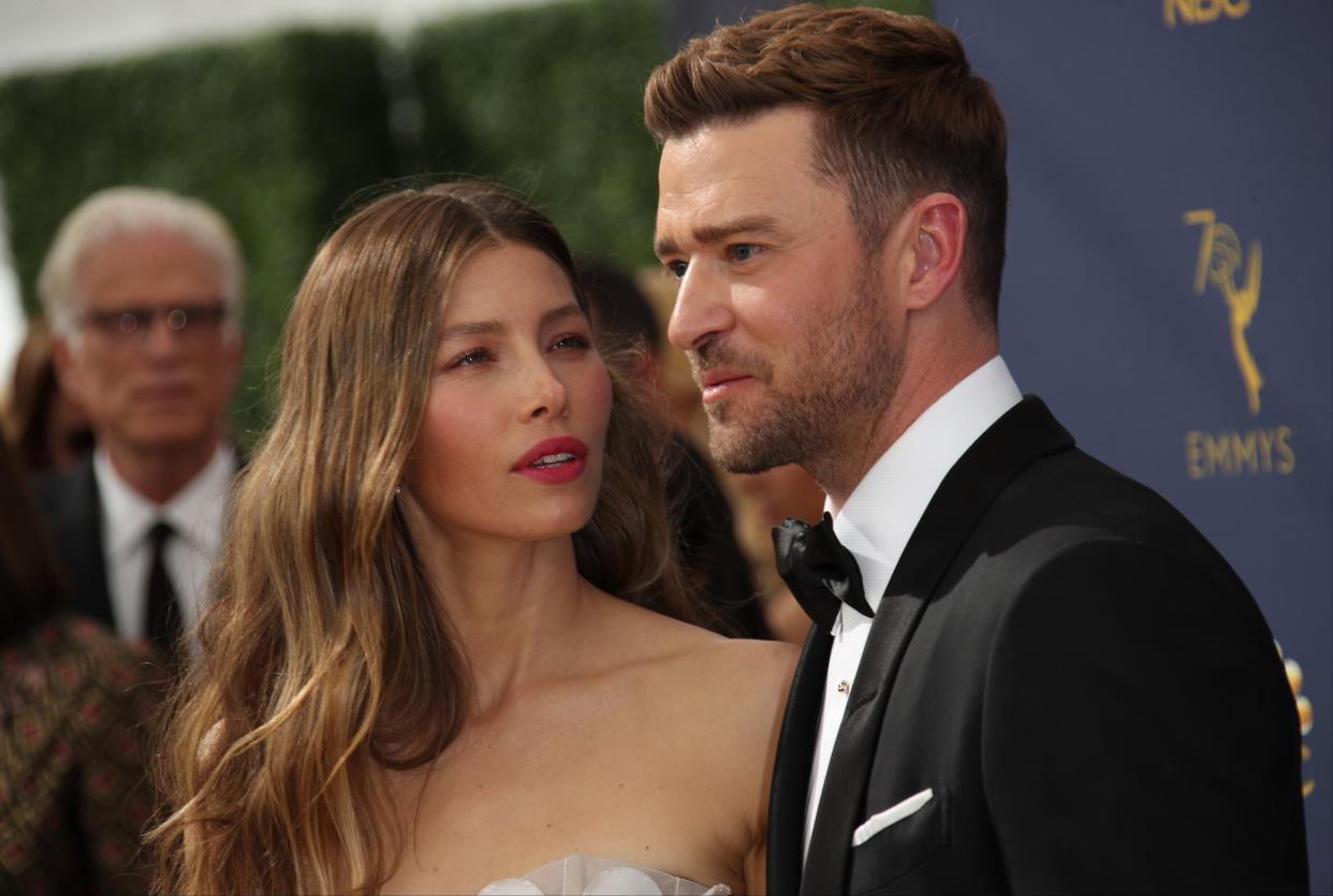 Jessica Biel (pictured with husband Justin Timberlake in 2018) is leading tributes to the pop star on his 40th birthday. (Photo: Dan MacMedan/Getty Images)