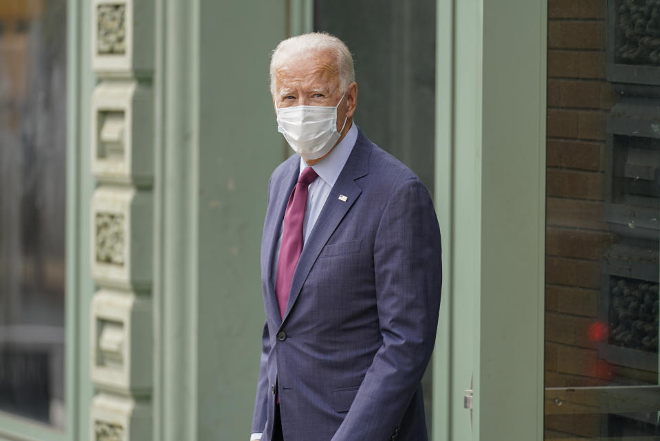 Democratic presidential candidate former Vice President Joe Biden is seen leaving the Queen Theater, after giving a speech on the Supreme Court, Sunday, Sept. 27, 2020, in Wilmington, Del. (AP Photo/Andrew Harnik)