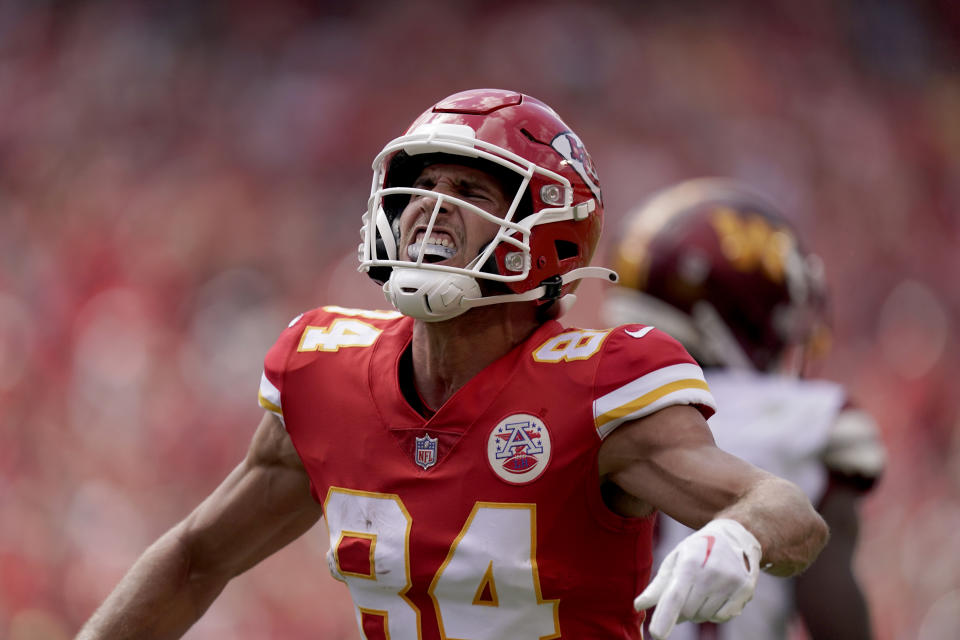Kansas City Chiefs wide receiver Justin Watson celebrates after catching a pass during the first half of an NFL preseason football game against the Washington Commanders Saturday, Aug. 20, 2022, in Kansas City, Mo. (AP Photo/Charlie Riedel)