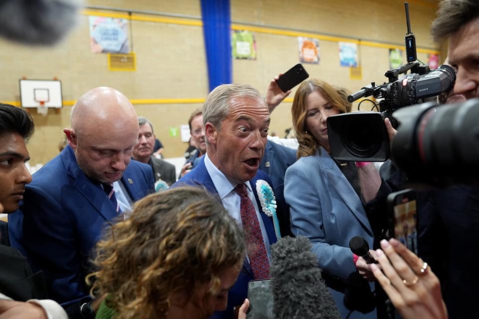 Reform UK leader Nigel Farage at Clacton Leisure Centre as he was declared the winner of the Clacton constituency (Joe Giddens/PA)